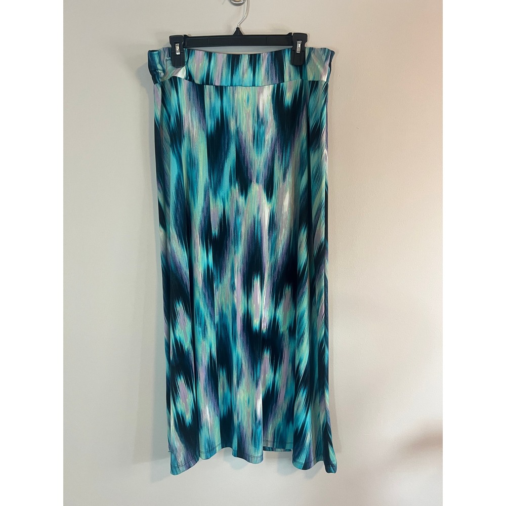 New Directions Petite Teal Blue Abstract Ikat‎ Print Maxi Skirt PL